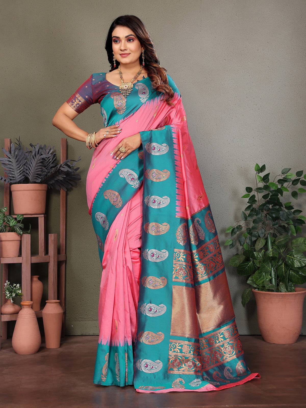 Elora Pink Soft Silk Silver And Golden Zari Weaving Banarasi Saree With Paisley Zari Work Border | Grocsy