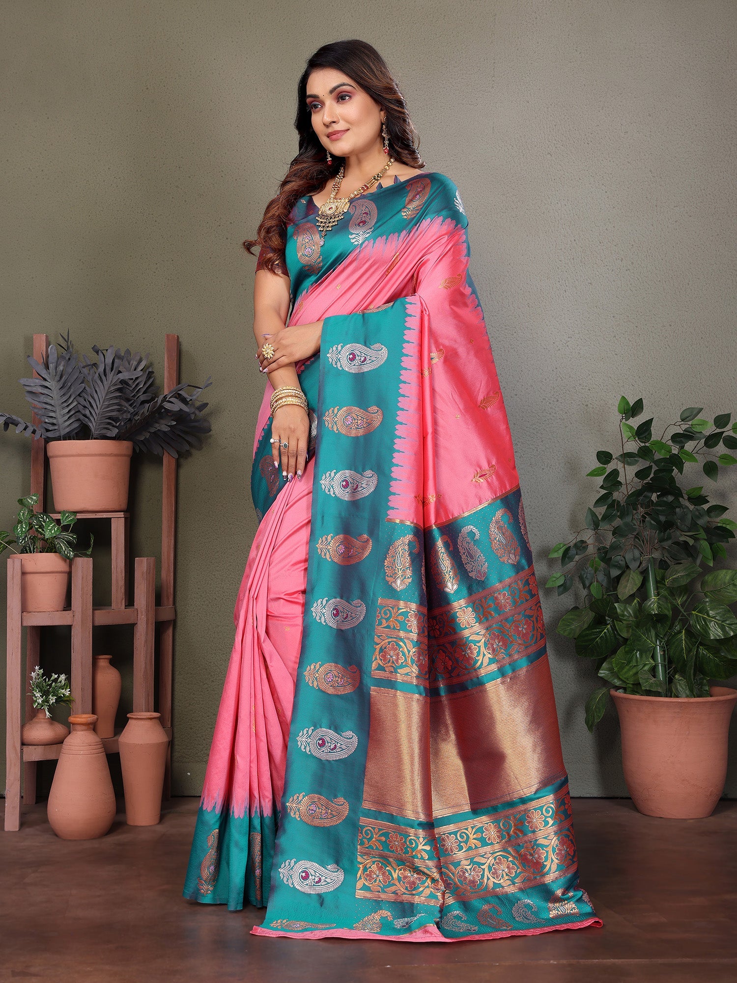Elora Pink Soft Silk Silver And Golden Zari Weaving Banarasi Saree With Paisley Zari Work Border | Grocsy
