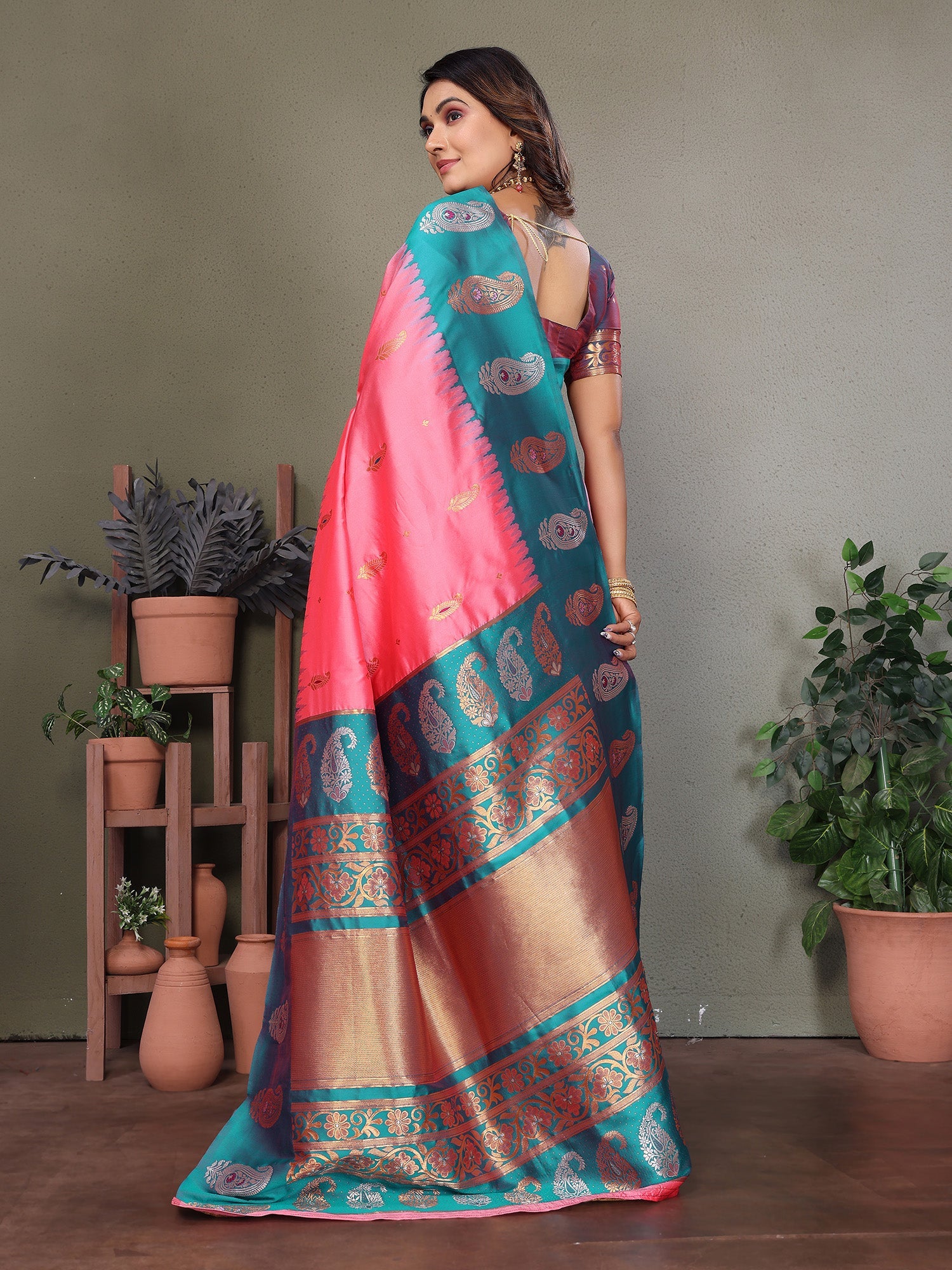 Elora Pink Soft Silk Silver And Golden Zari Weaving Banarasi Saree With Paisley Zari Work Border | Grocsy