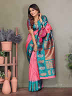 Elora Pink Soft Silk Silver And Golden Zari Weaving Banarasi Saree With Paisley Zari Work Border | Grocsy