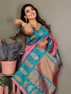 Elora Pink Soft Silk Silver And Golden Zari Weaving Banarasi Saree With Paisley Zari Work Border | Grocsy