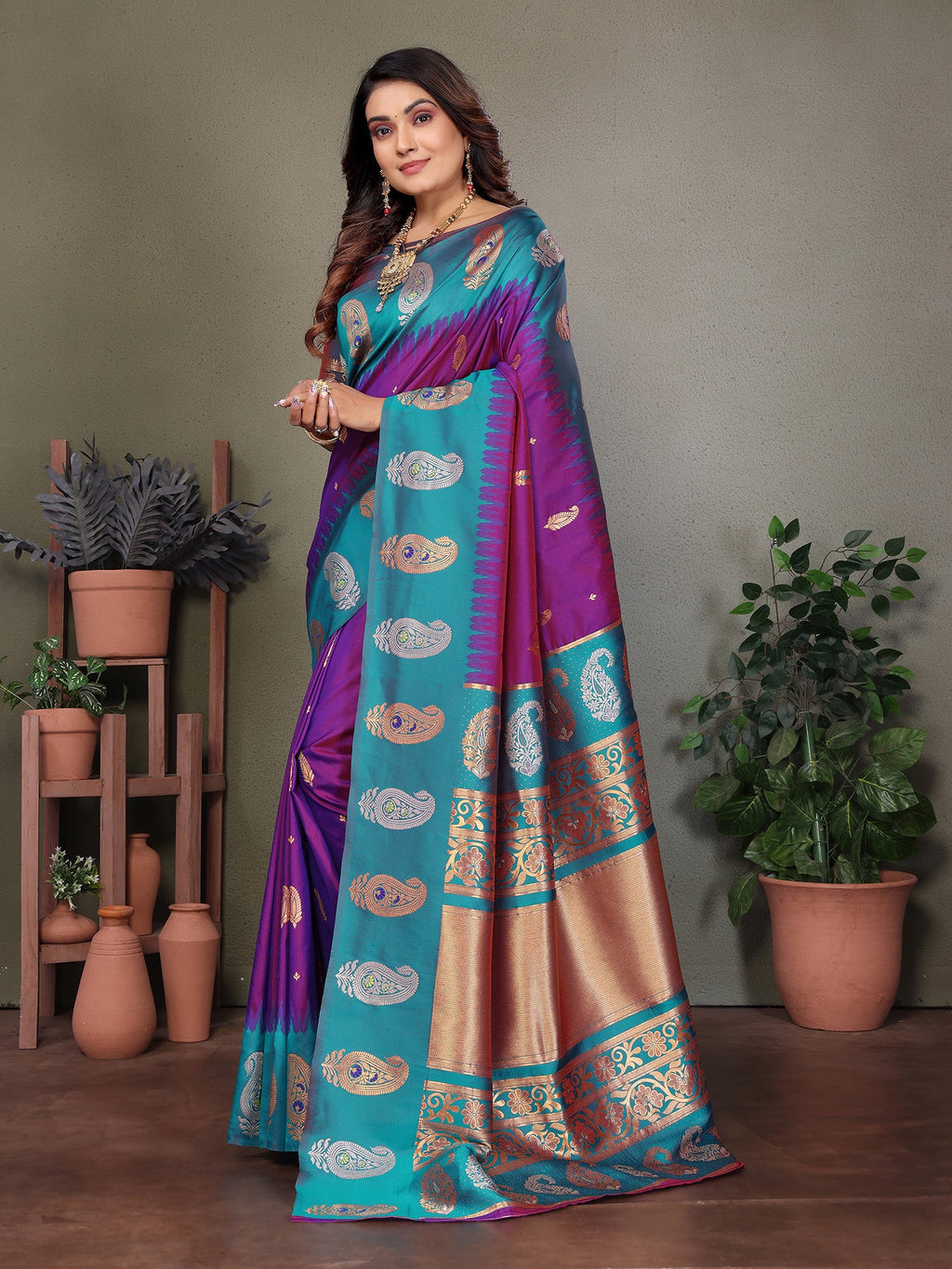 Elora Purple Soft Silk Silver And Golden Zari Weaving Banarasi Saree With Paisley Zari Work Border | Grocsy