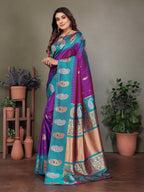 Elora Purple Soft Silk Silver And Golden Zari Weaving Banarasi Saree With Paisley Zari Work Border | Grocsy