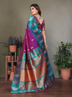 Elora Purple Soft Silk Silver And Golden Zari Weaving Banarasi Saree With Paisley Zari Work Border | Grocsy