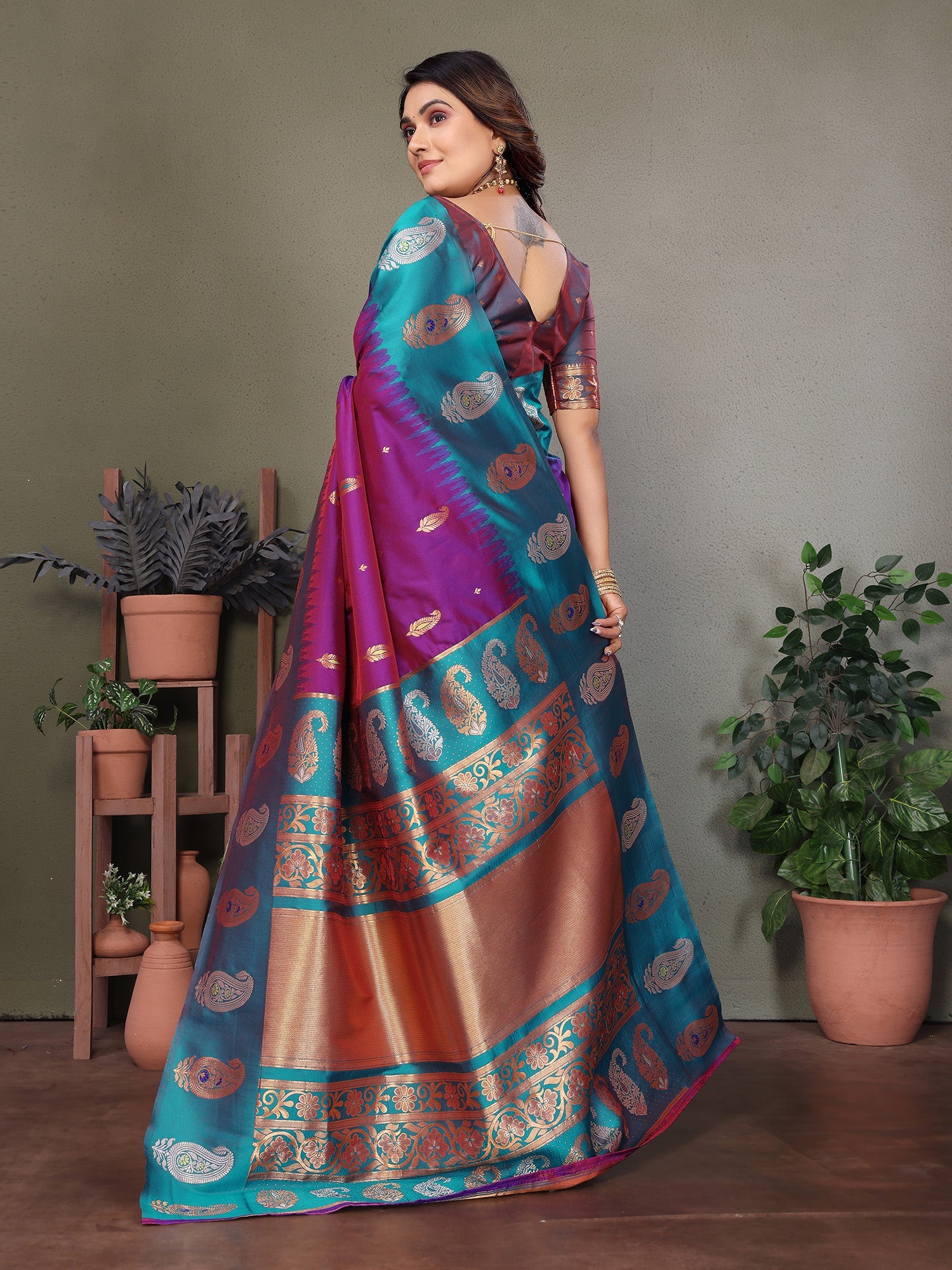 Elora Purple Soft Silk Silver And Golden Zari Weaving Banarasi Saree With Paisley Zari Work Border | Grocsy