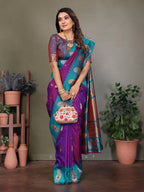 Elora Purple Soft Silk Silver And Golden Zari Weaving Banarasi Saree With Paisley Zari Work Border | Grocsy