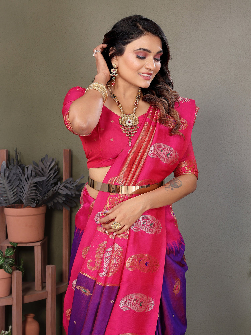 Elora Purple Soft Silk Silver And Golden Zari Weaving Banarasi Saree With Paisley Zari Work Border | Grocsy