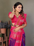 Elora Purple Soft Silk Silver And Golden Zari Weaving Banarasi Saree With Paisley Zari Work Border | Grocsy