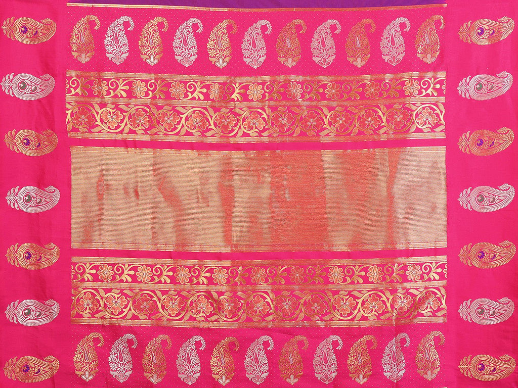 Elora Purple Soft Silk Silver And Golden Zari Weaving Banarasi Saree With Paisley Zari Work Border | Grocsy