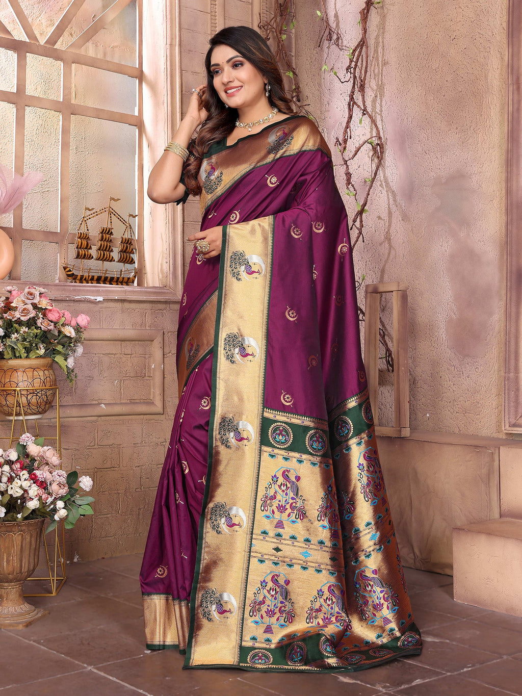 Elora Maroon Soft Silk Zari Weaving Paithani Saree With Heavy Peacock Border And Pallu | Grocsy