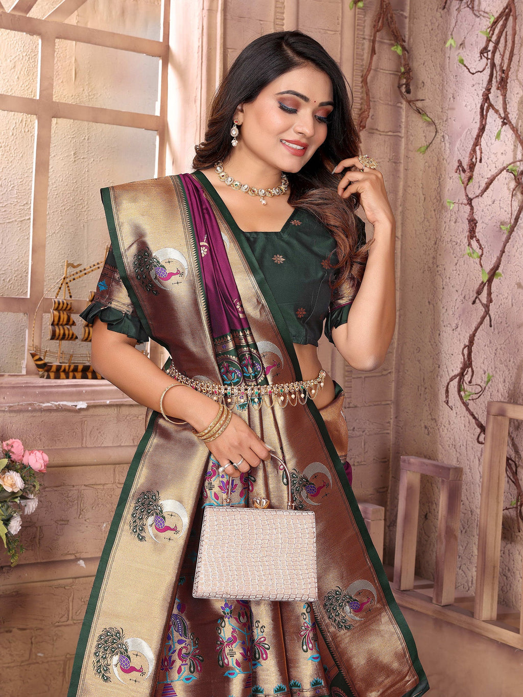 Elora Maroon Soft Silk Zari Weaving Paithani Saree With Heavy Peacock Border And Pallu | Grocsy