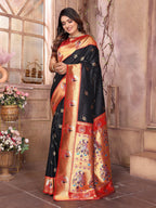 Elora Black Soft Silk Zari Weaving Paithani Saree With Heavy Peacock Border And Pallu | Grocsy