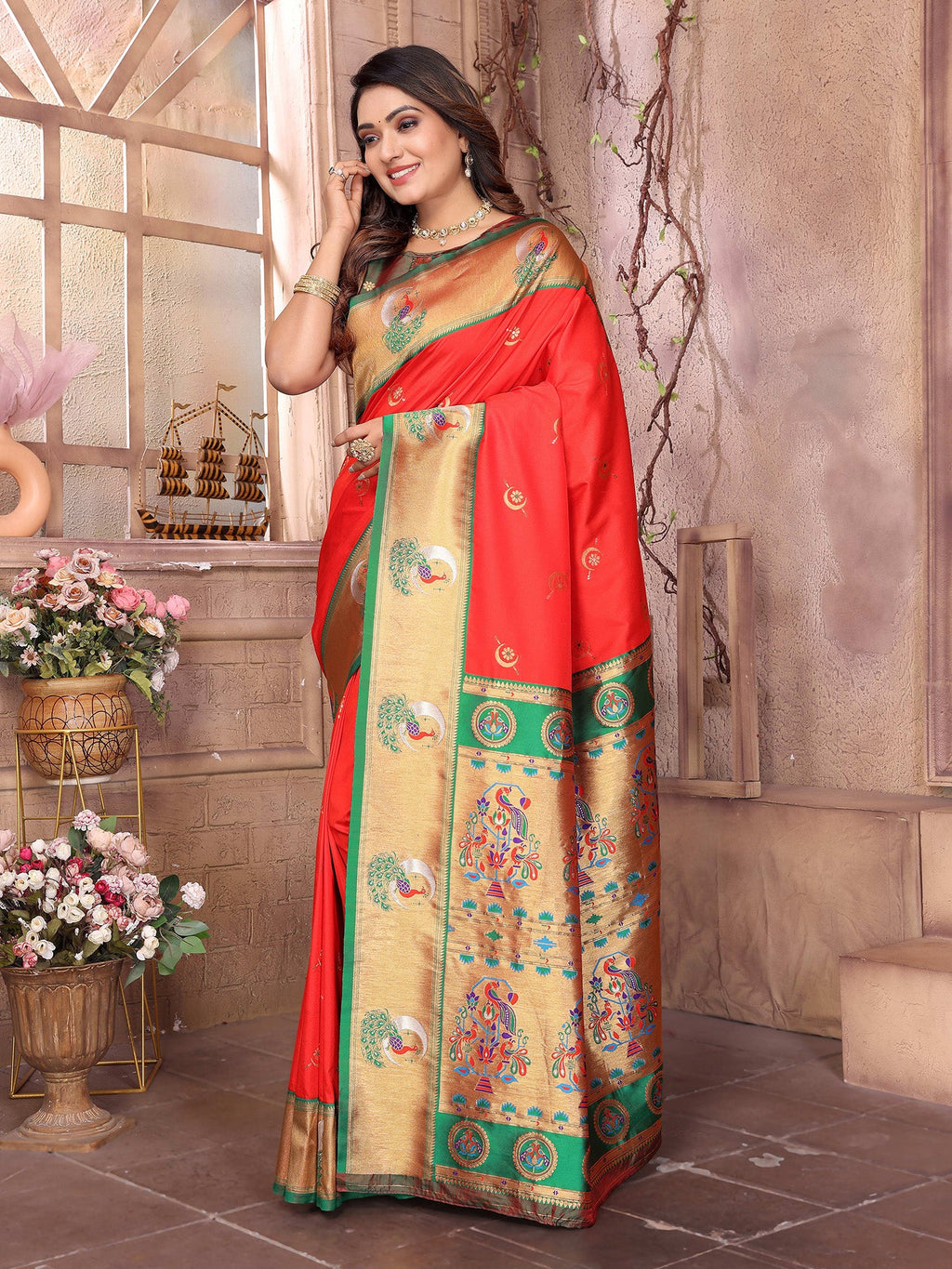 Elora Red Soft Silk Zari Weaving Paithani Saree With Heavy Peacock Border And Pallu | Grocsy