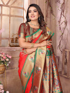 Elora Red Soft Silk Zari Weaving Paithani Saree With Heavy Peacock Border And Pallu | Grocsy