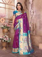 Elora Wine Soft Silk Zari Weaving Paithani Saree With Heavy Peacock Border And Pallu | Grocsy