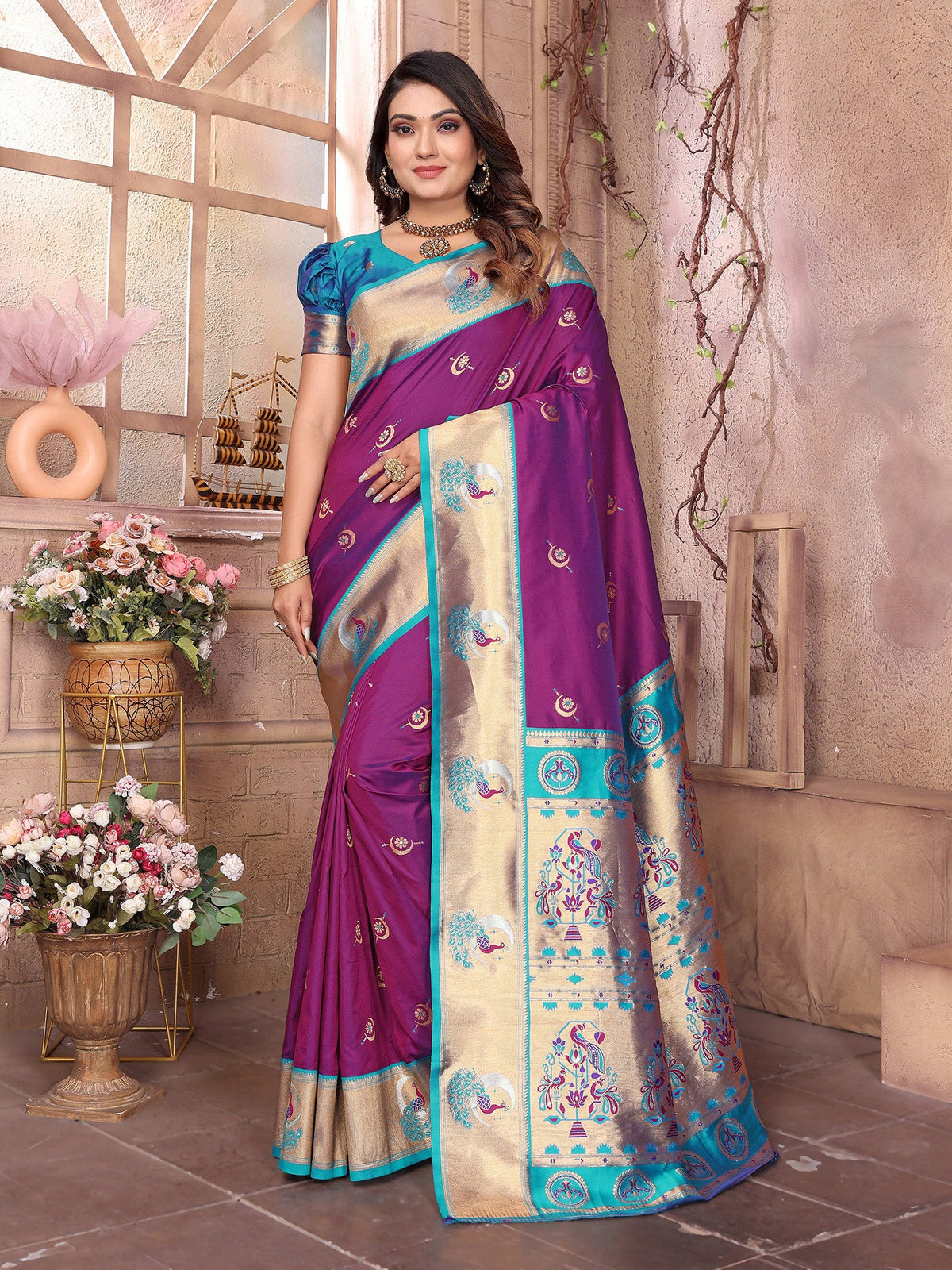Elora Wine Soft Silk Zari Weaving Paithani Saree With Heavy Peacock Border And Pallu | Grocsy