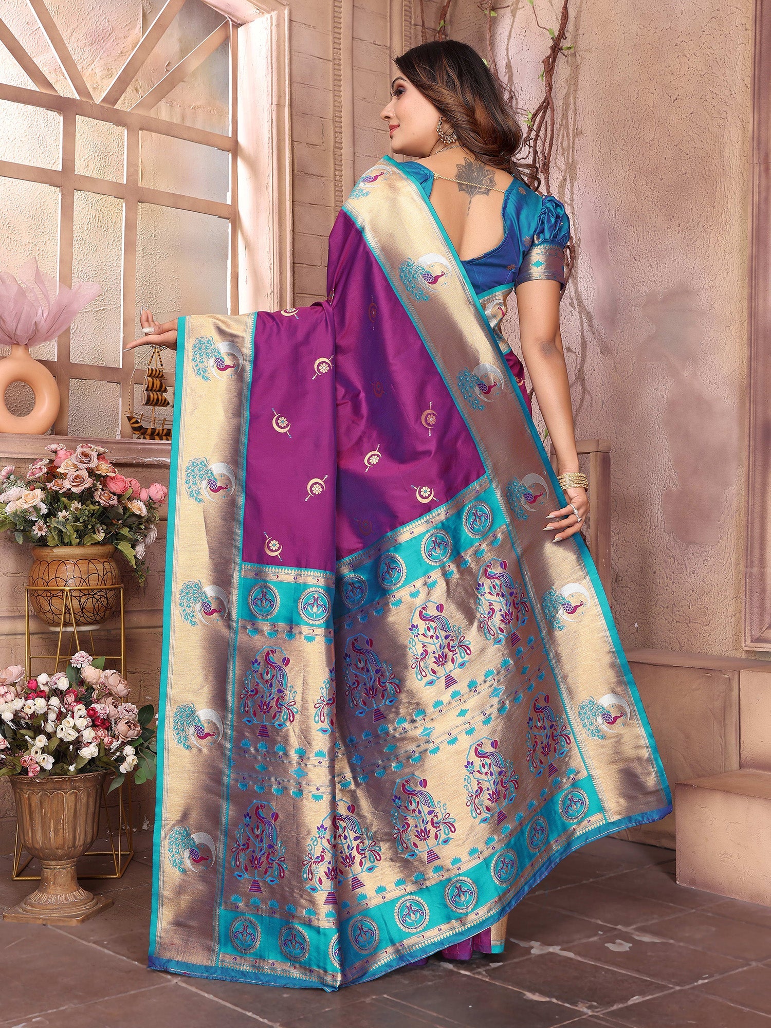 Elora Wine Soft Silk Zari Weaving Paithani Saree With Heavy Peacock Border And Pallu | Grocsy