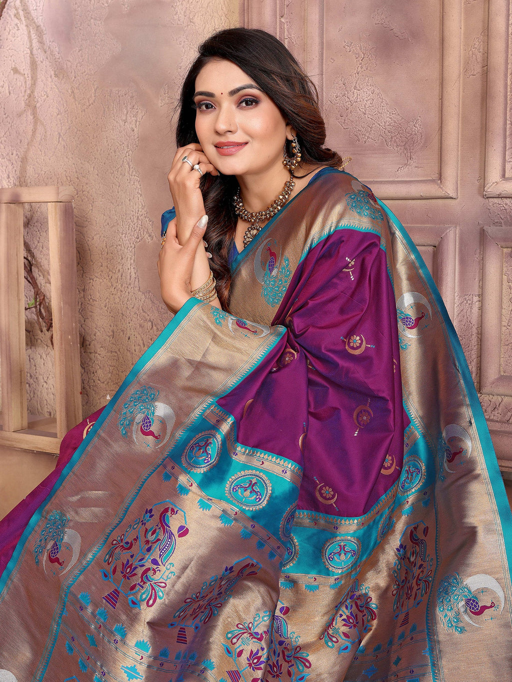 Elora Wine Soft Silk Zari Weaving Paithani Saree With Heavy Peacock Border And Pallu | Grocsy