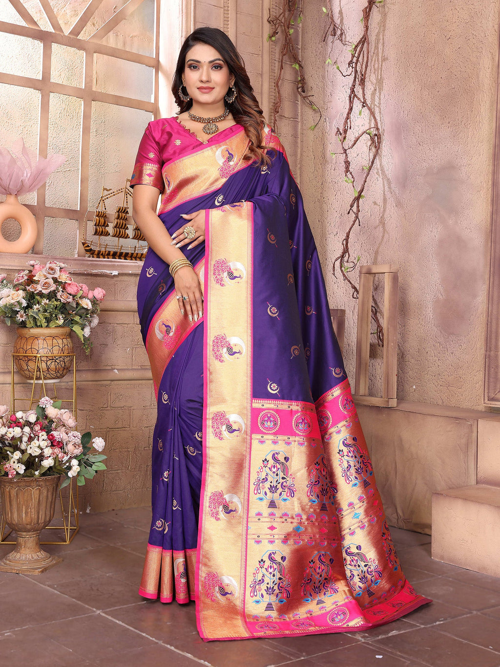 Elora Purple Soft Silk Zari Weaving Paithani Saree With Heavy Peacock Border And Pallu | Grocsy