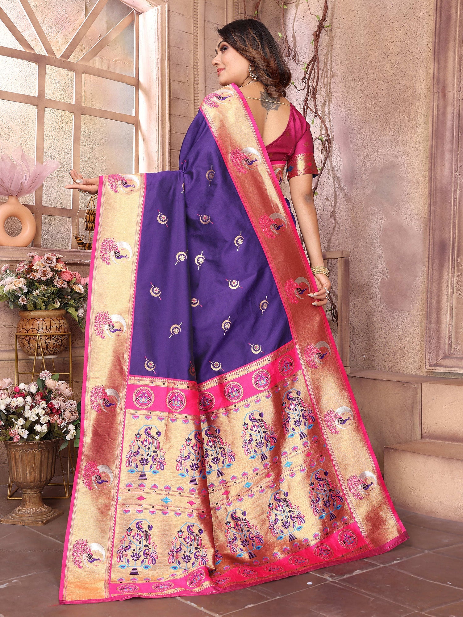 Elora Purple Soft Silk Zari Weaving Paithani Saree With Heavy Peacock Border And Pallu | Grocsy