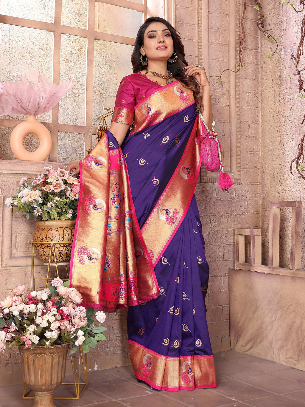 Elora Purple Soft Silk Zari Weaving Paithani Saree With Heavy Peacock Border And Pallu | Grocsy