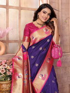 Elora Purple Soft Silk Zari Weaving Paithani Saree With Heavy Peacock Border And Pallu | Grocsy