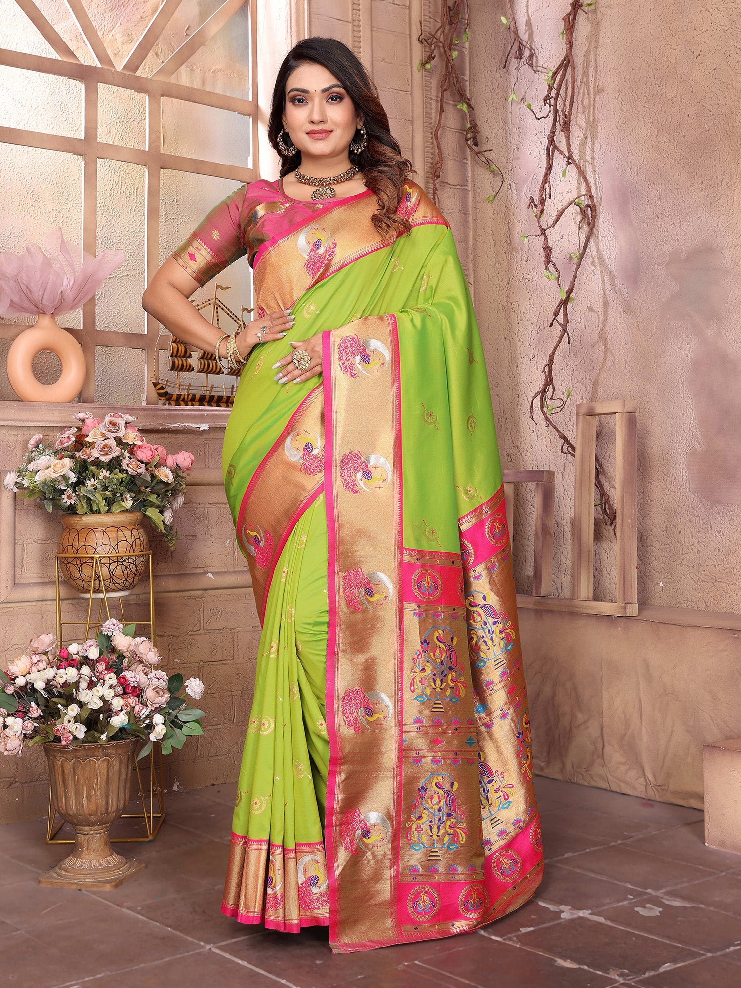 Elora Light Green Soft Silk Zari Weaving Paithani Saree With Heavy Peacock Border And Pallu | Grocsy