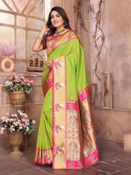 Elora Light Green Soft Silk Zari Weaving Paithani Saree With Heavy Peacock Border And Pallu | Grocsy