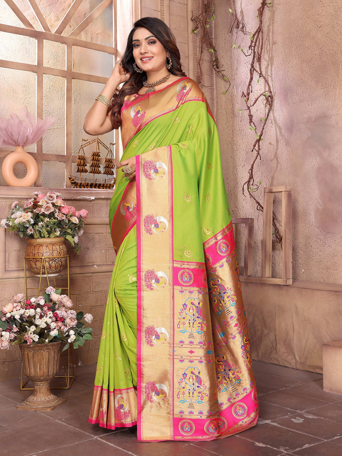 Elora Light Green Soft Silk Zari Weaving Paithani Saree With Heavy Peacock Border And Pallu | Grocsy