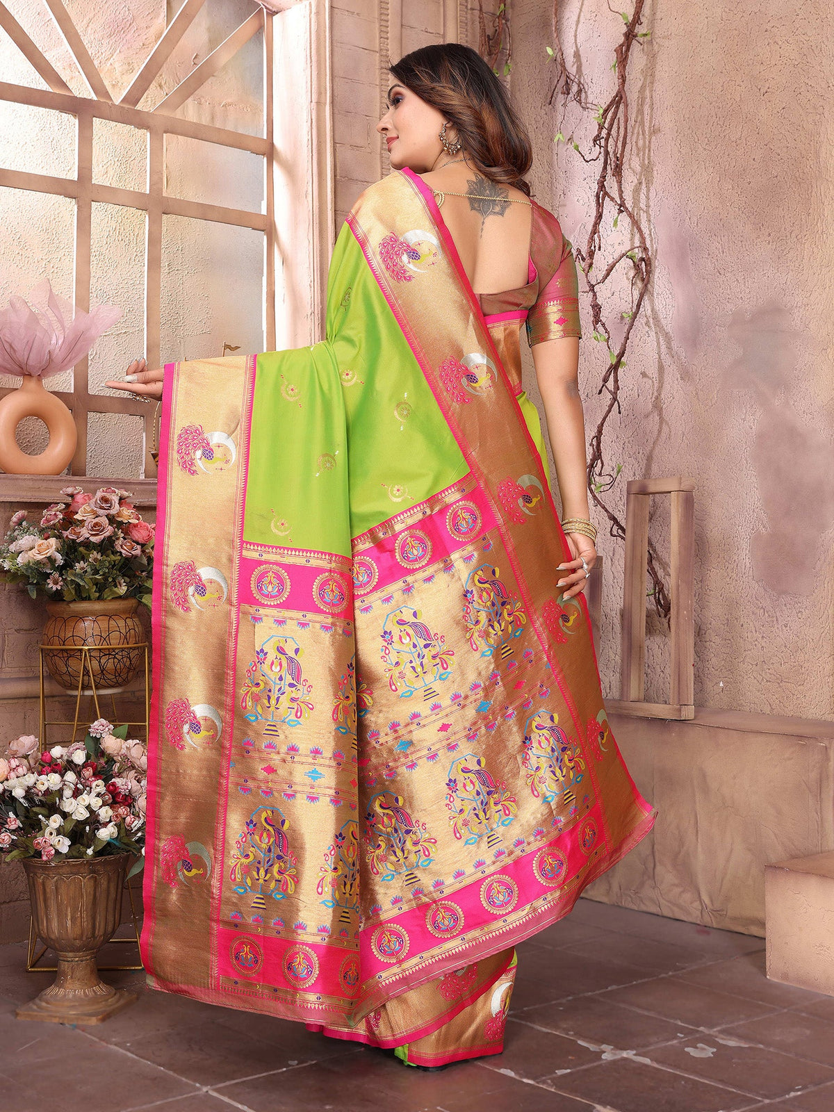 Elora Light Green Soft Silk Zari Weaving Paithani Saree With Heavy Peacock Border And Pallu | Grocsy