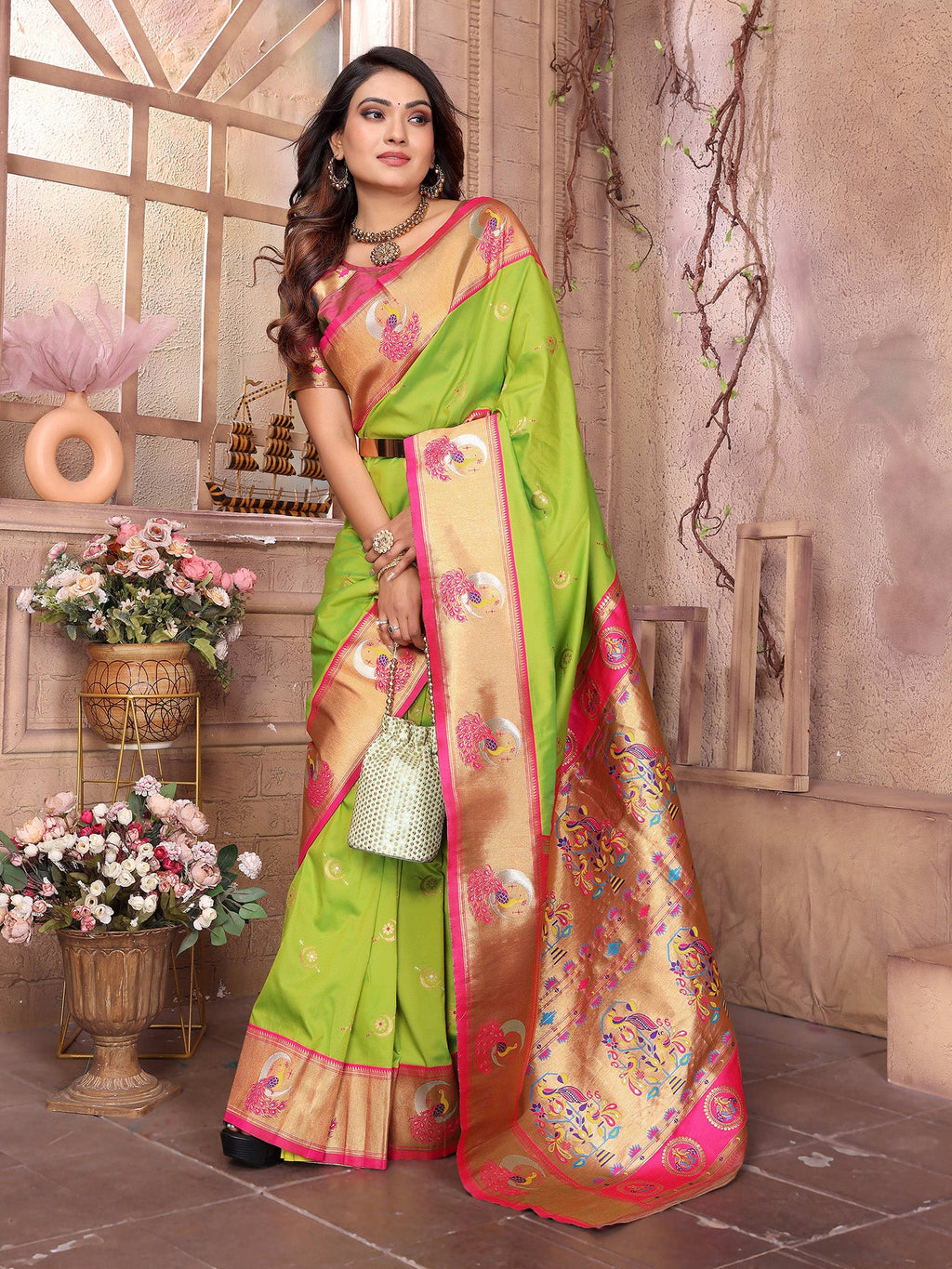 Elora Light Green Soft Silk Zari Weaving Paithani Saree With Heavy Peacock Border And Pallu | Grocsy