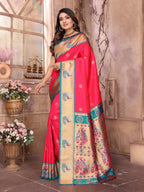 Elora Hot Pink Soft Silk Zari Weaving Paithani Saree With Heavy Peacock Border And Pallu | Grocsy