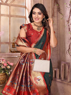 Elora Dark Green Soft Silk Zari Weaving Paithani Saree With Heavy Peacock Border And Pallu | Grocsy