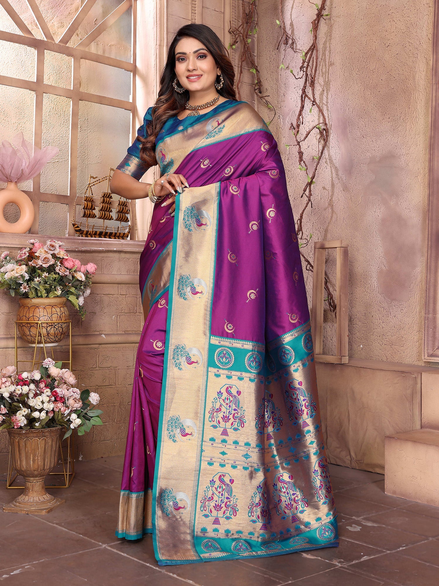 Elora Purple Soft Silk Zari Weaving Paithani Saree With Heavy Peacock Border And Pallu | Grocsy