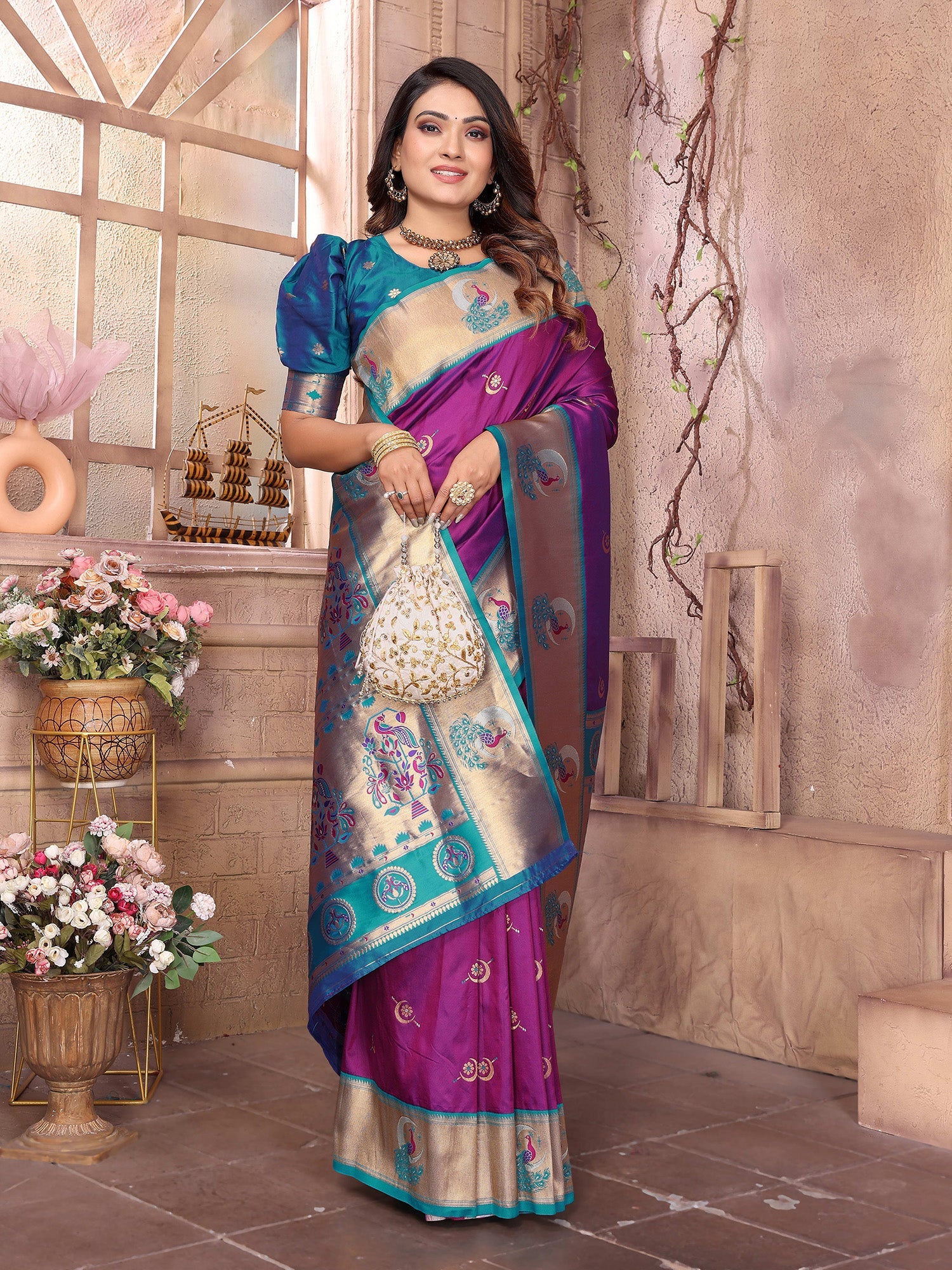 Elora Purple Soft Silk Zari Weaving Paithani Saree With Heavy Peacock Border And Pallu | Grocsy