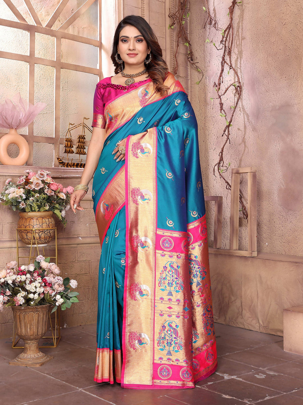 Elora Royal Blue Soft Silk Zari Weaving Paithani Saree With Heavy Peacock Border And Pallu | Grocsy