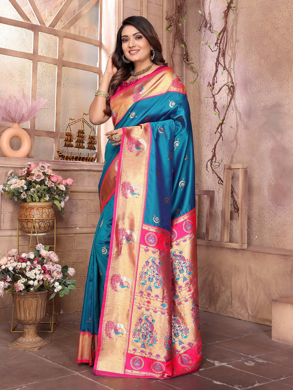 Elora Royal Blue Soft Silk Zari Weaving Paithani Saree With Heavy Peacock Border And Pallu | Grocsy