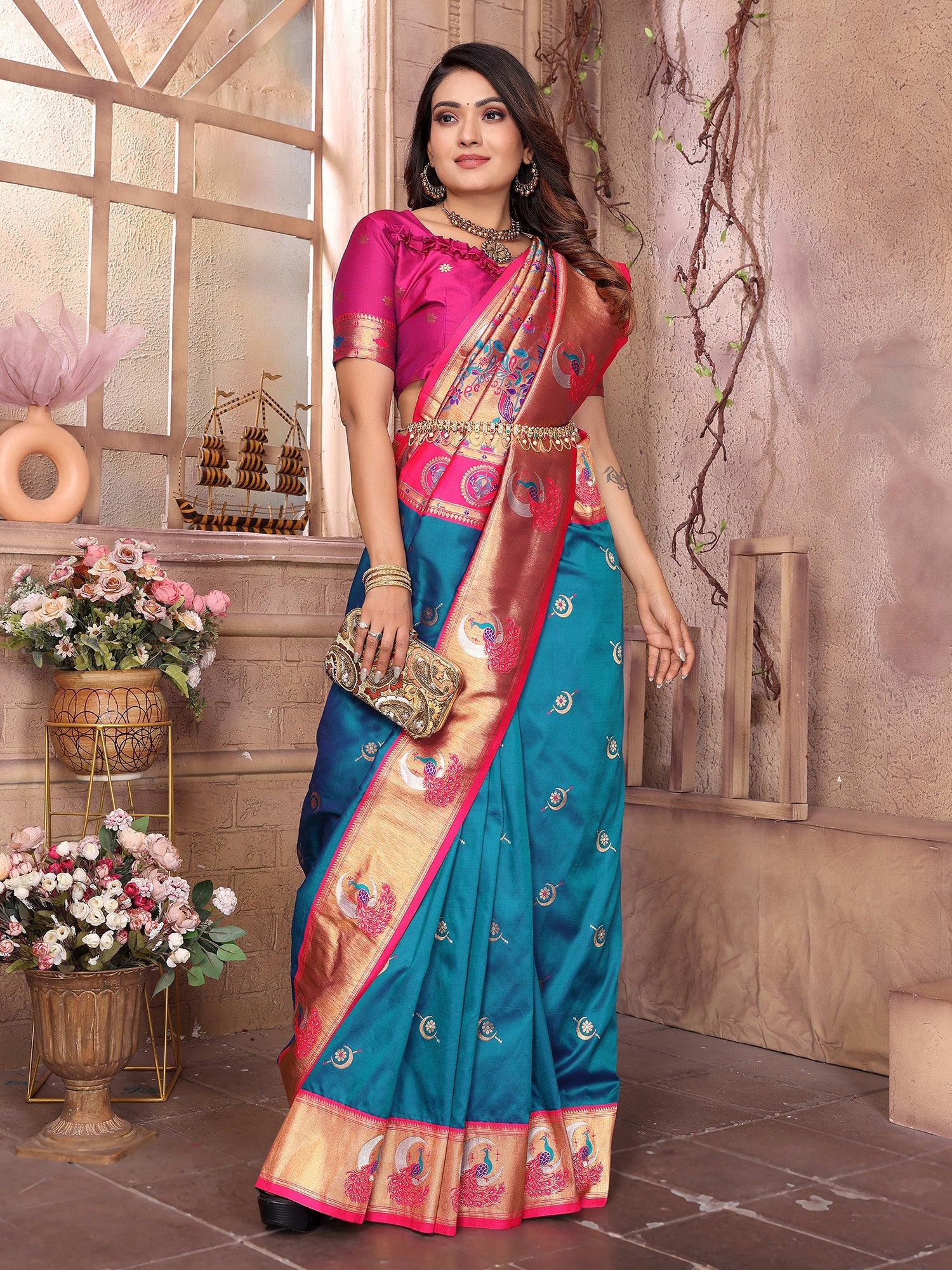 Elora Royal Blue Soft Silk Zari Weaving Paithani Saree With Heavy Peacock Border And Pallu | Grocsy