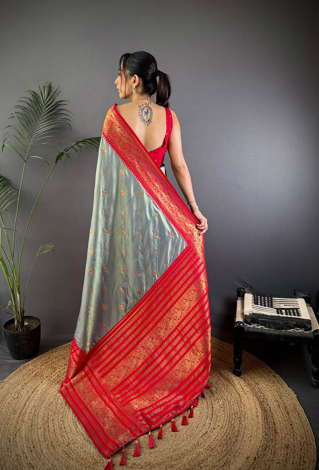 Elora Grey Soft Silk Small Butti Zari Weaving Banarasi Saree With Woven Designer Saree | Grocsy
