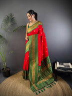 Elora Red Soft Silk Small Butti Zari Weaving Banarasi Saree With Woven Designer Saree | Grocsy
