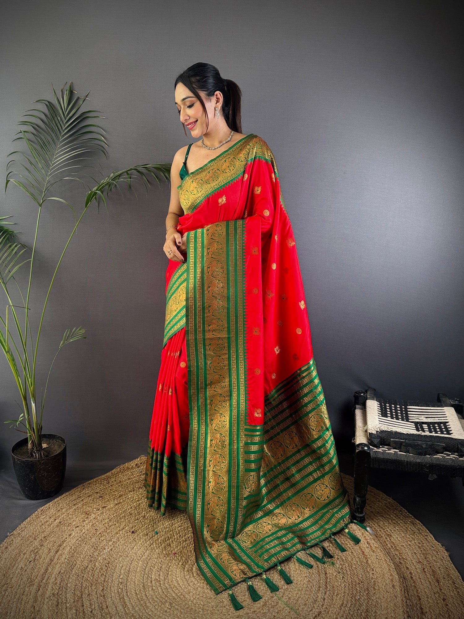 Elora Red Soft Silk Small Butti Zari Weaving Banarasi Saree With Woven Designer Saree | Grocsy
