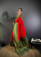 Elora Red Soft Silk Small Butti Zari Weaving Banarasi Saree With Woven Designer Saree | Grocsy