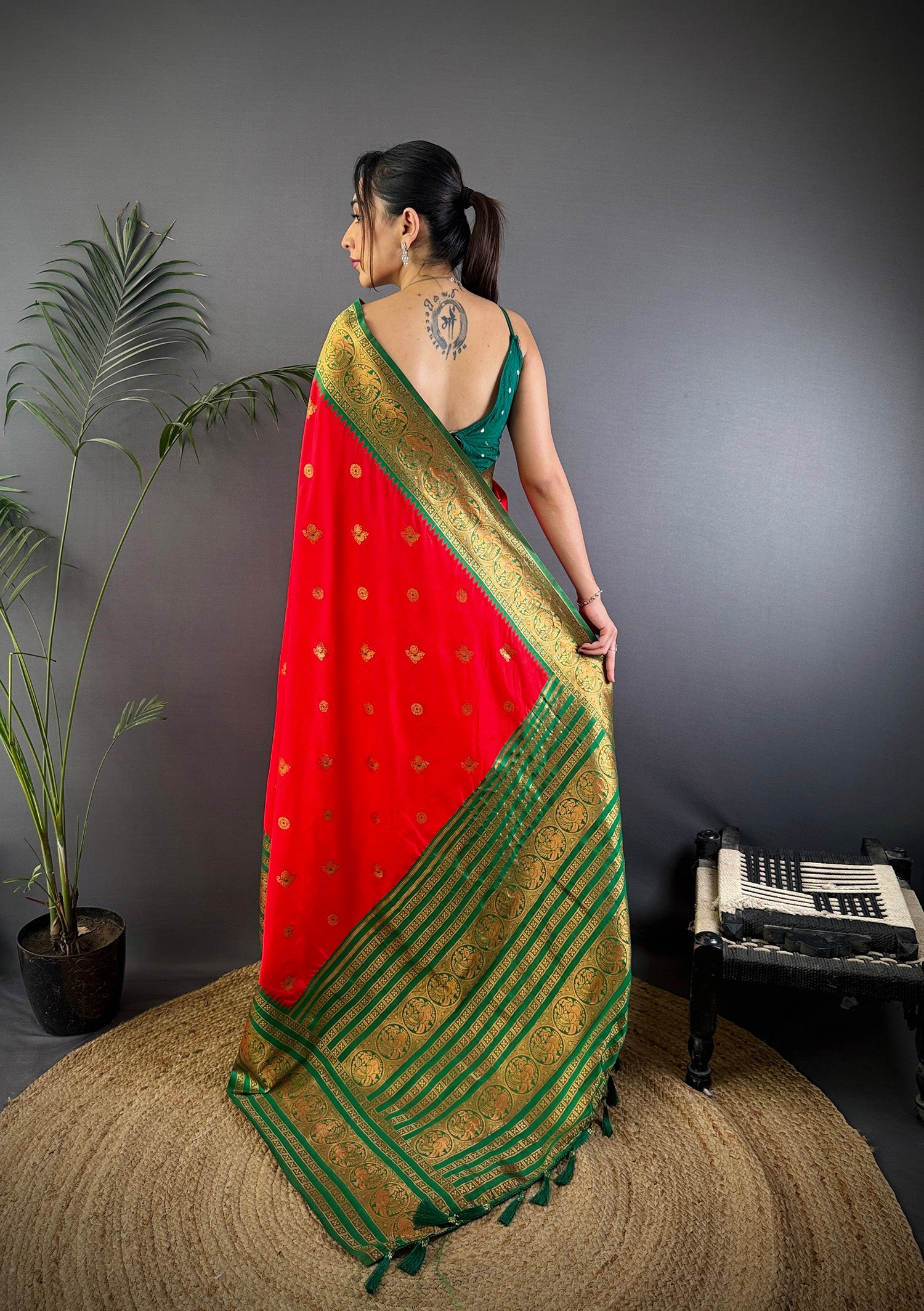 Elora Red Soft Silk Small Butti Zari Weaving Banarasi Saree With Woven Designer Saree | Grocsy