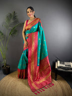 Elora Turquoise Soft Silk Small Butti Zari Weaving Banarasi Saree With Woven Designer Saree | Grocsy