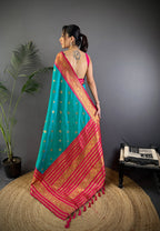 Elora Turquoise Soft Silk Small Butti Zari Weaving Banarasi Saree With Woven Designer Saree | Grocsy