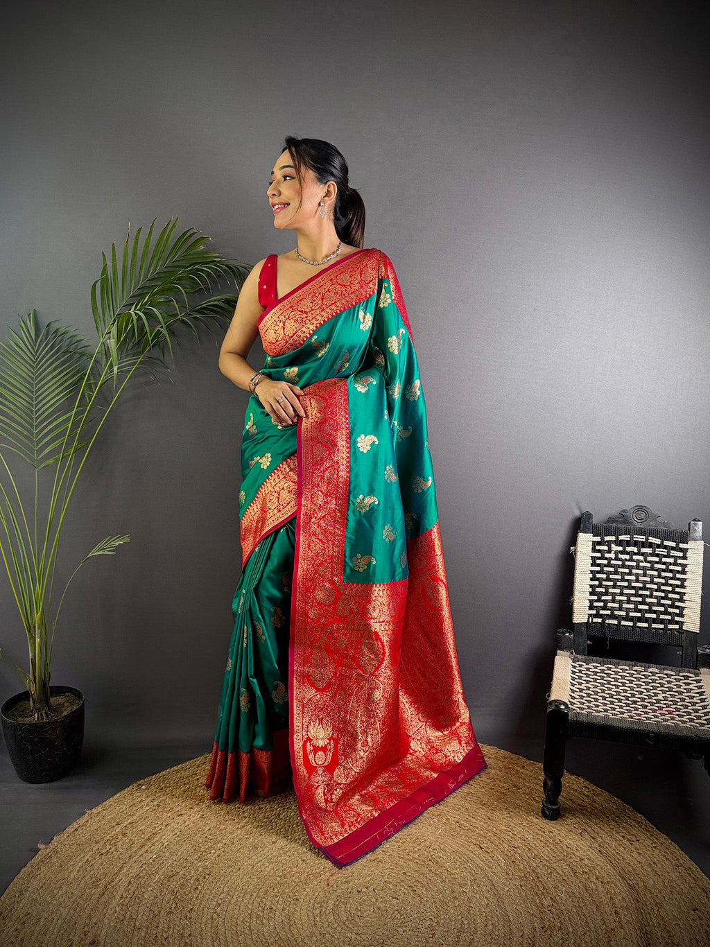Elora Green Soft Silk Woven Butta Weaving Banarasi With Heavy Zari Border | Grocsy
