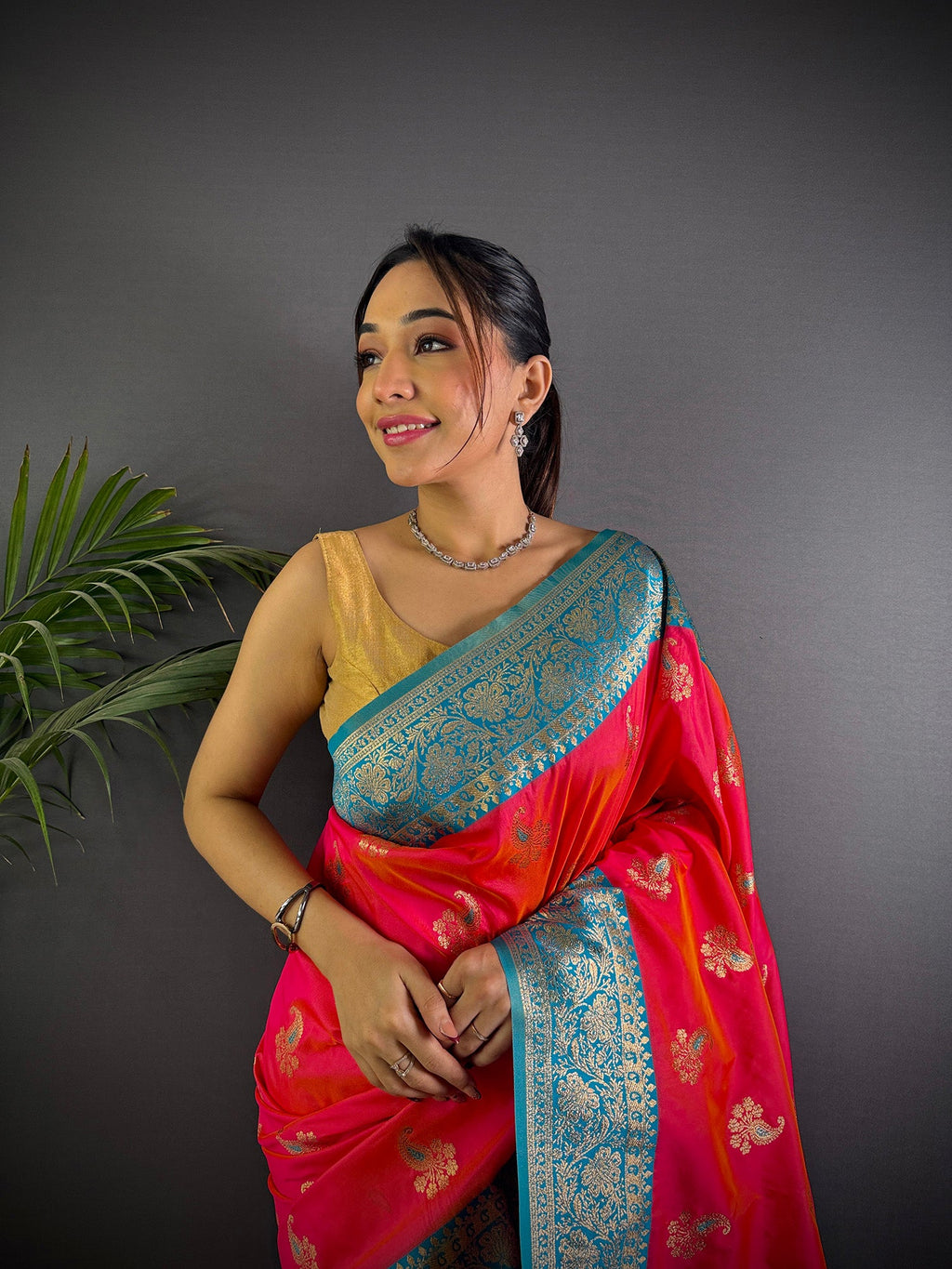 Elora Hot Pink Soft Silk Woven Butta Weaving Banarasi With Heavy Zari Border | Grocsy