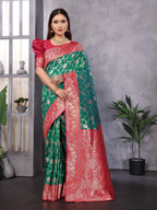 Elora Green Soft Silk Zari Zaal Weaving Banarasi With Contrast Blouse | Grocsy