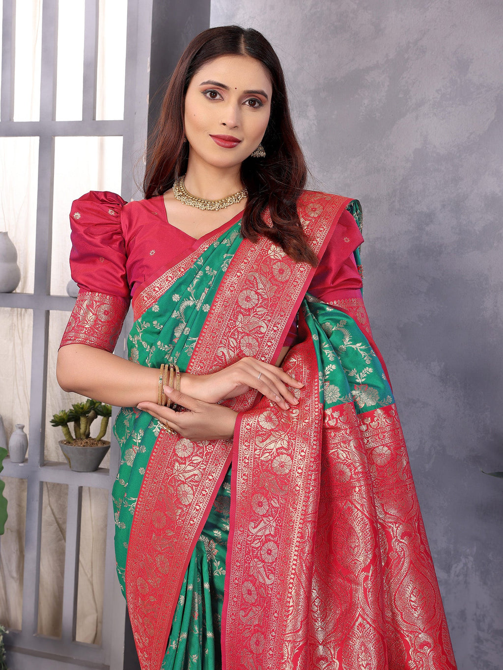 Elora Green Soft Silk Zari Zaal Weaving Banarasi With Contrast Blouse | Grocsy