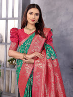 Elora Green Soft Silk Zari Zaal Weaving Banarasi With Contrast Blouse | Grocsy